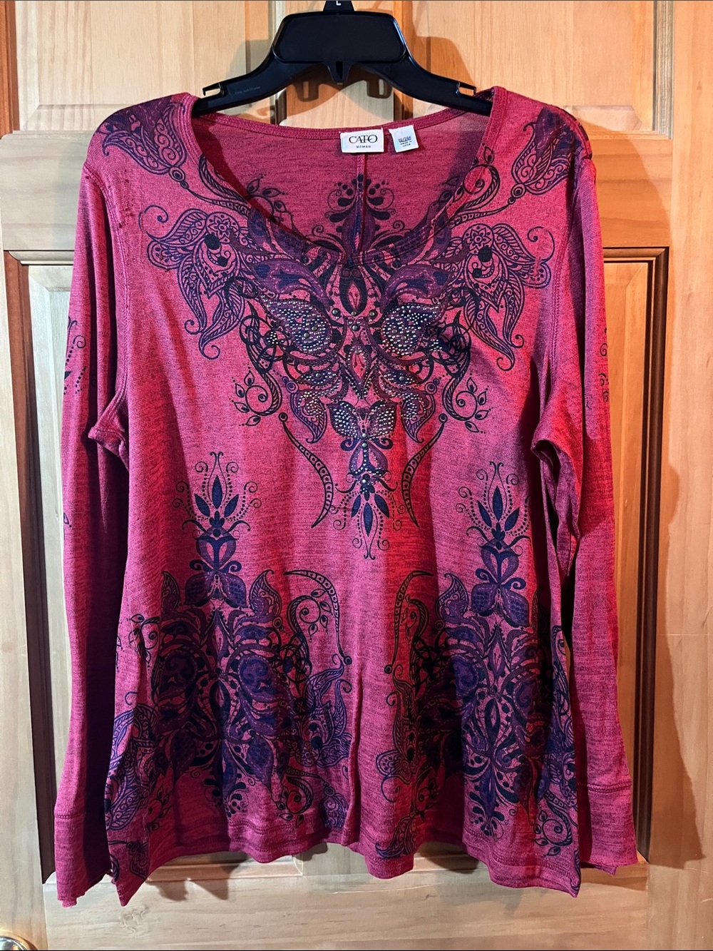 Cato Women's Red Long-Sleeve V-Neck Top with Black Paisley Print